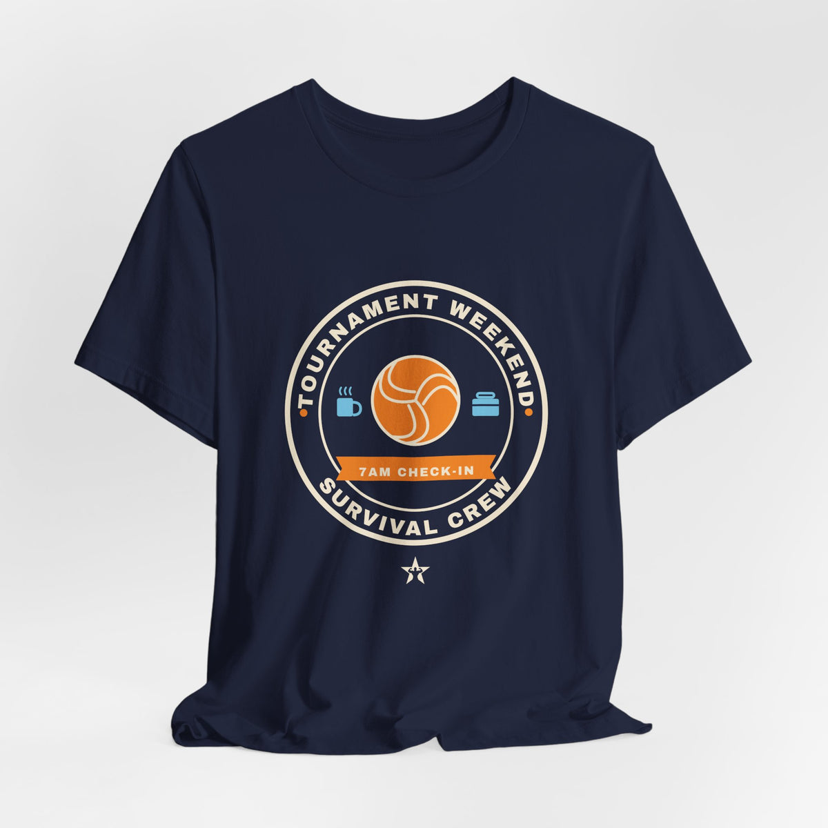 Tournament Weekend Survival Crew Volleyball t-shirt in Navy, hanging view