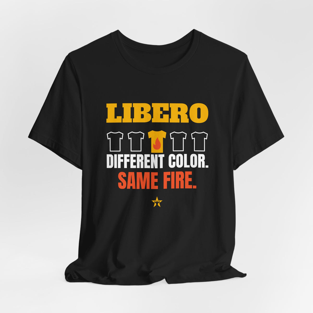 Libero: Different Color, Same Fire Volleyball t-shirt in Black, hanging view