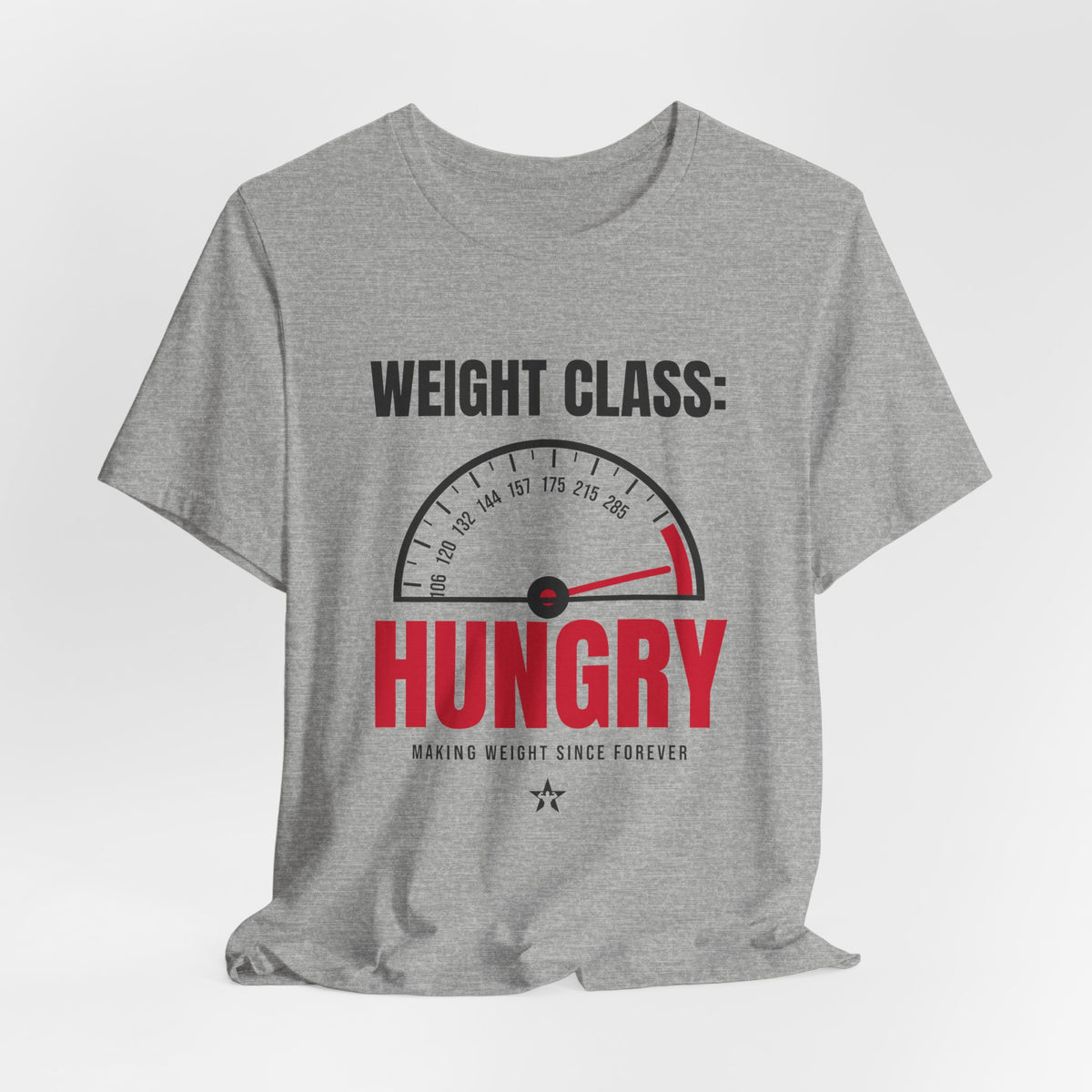 Weight Class: Hungry Wrestling t-shirt in Athletic Heather, hanging view