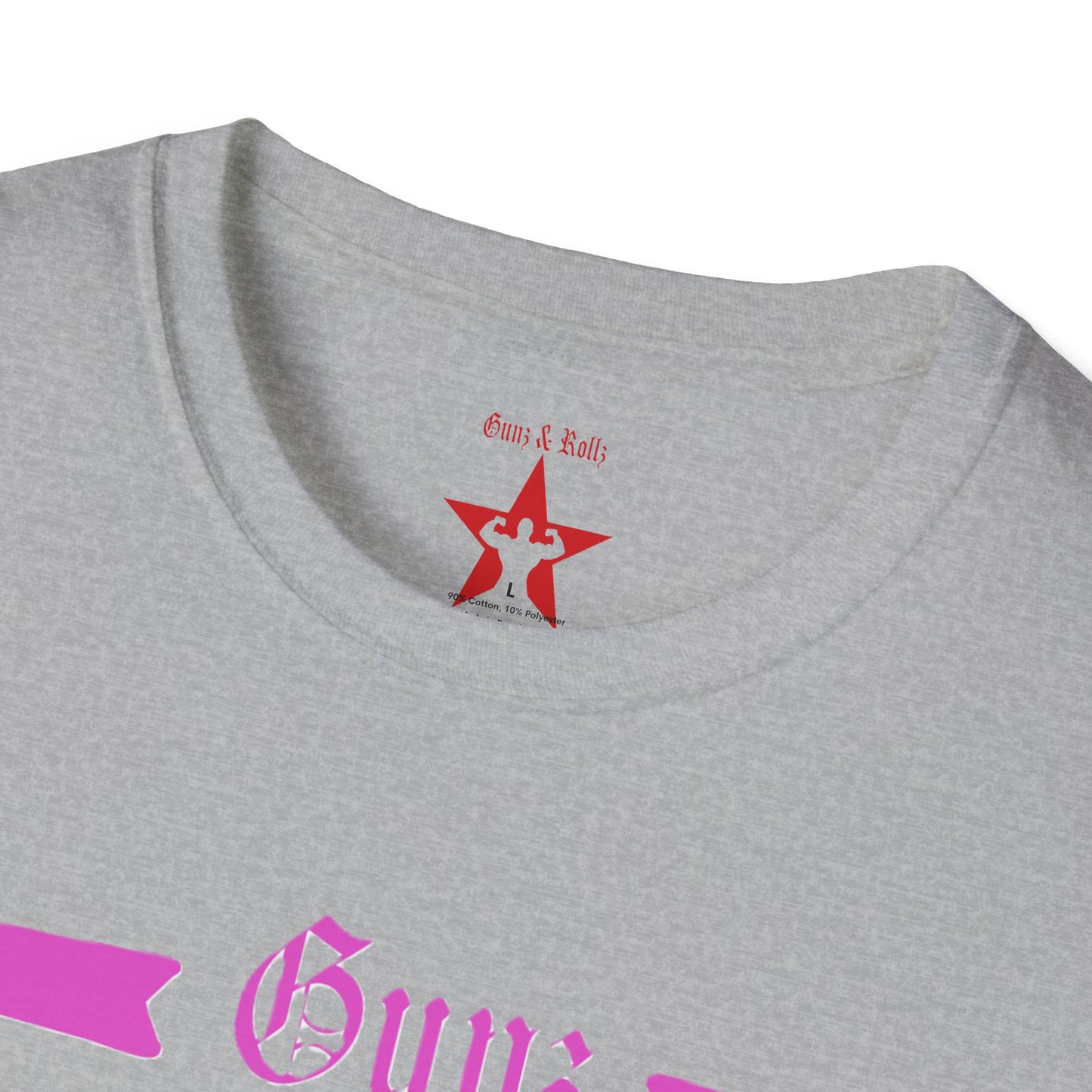 Gunz up front, Bunz in the rear Unisex Softstyle T-Shirt - Pink Graphic Tee for Fitness Enthusiasts