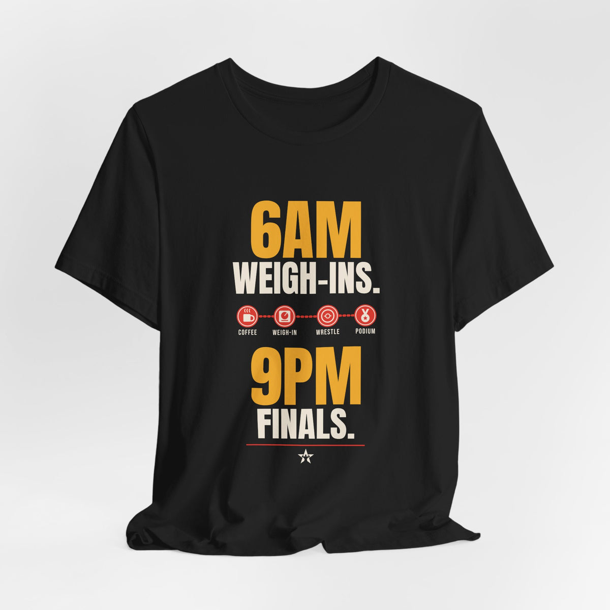 6AM Weigh-Ins. 9PM Finals. Wrestling t-shirt in Black, hanging view