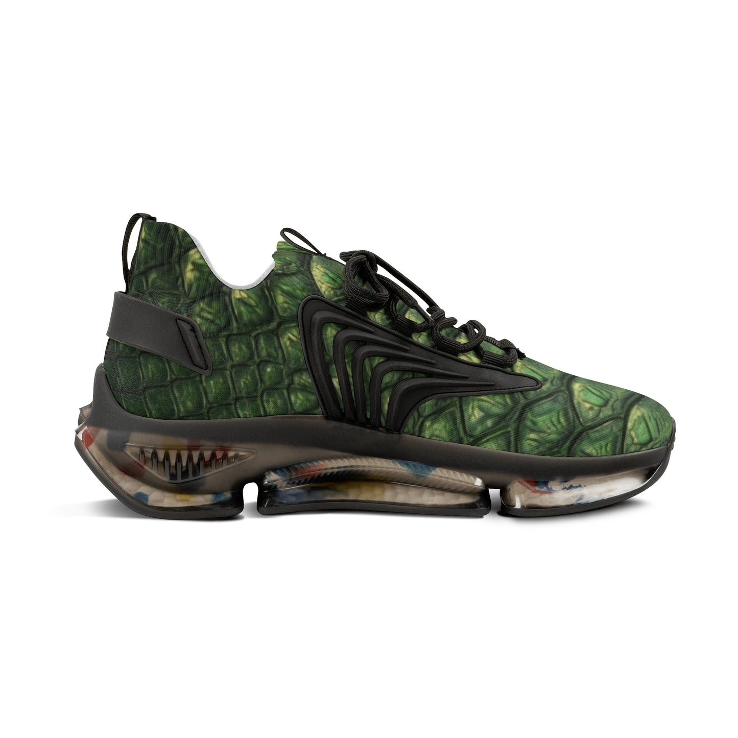 Green Scales Mesh Sneakers — Men's Camouflage Reptile-Pattern Athletic Shoes