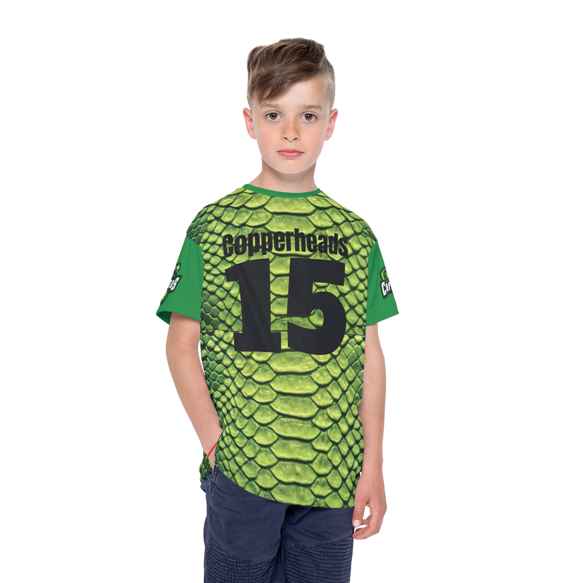 Kids Green Snake-Scale Sports Jersey — "Copperheads" Team Number 15