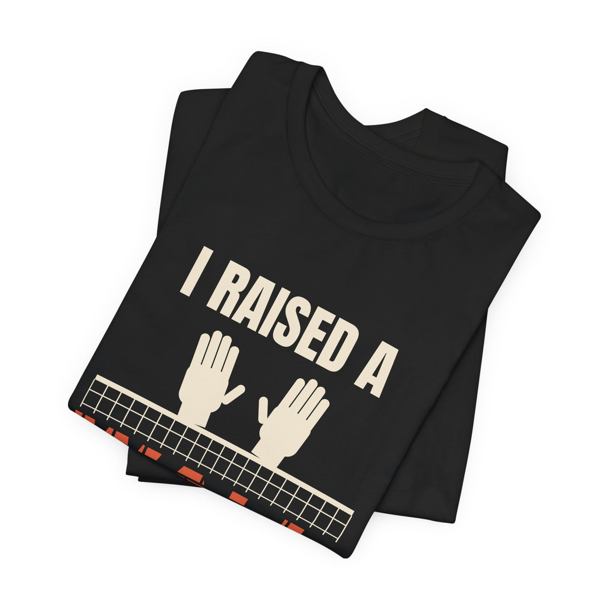 I Raised a Wall Volleyball t-shirt in Black, folded