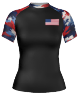 Women’s Patriot Rash Guard – Red, White & Blue Camo BJJ Shirt | USA Jiu Jitsu Competition Top