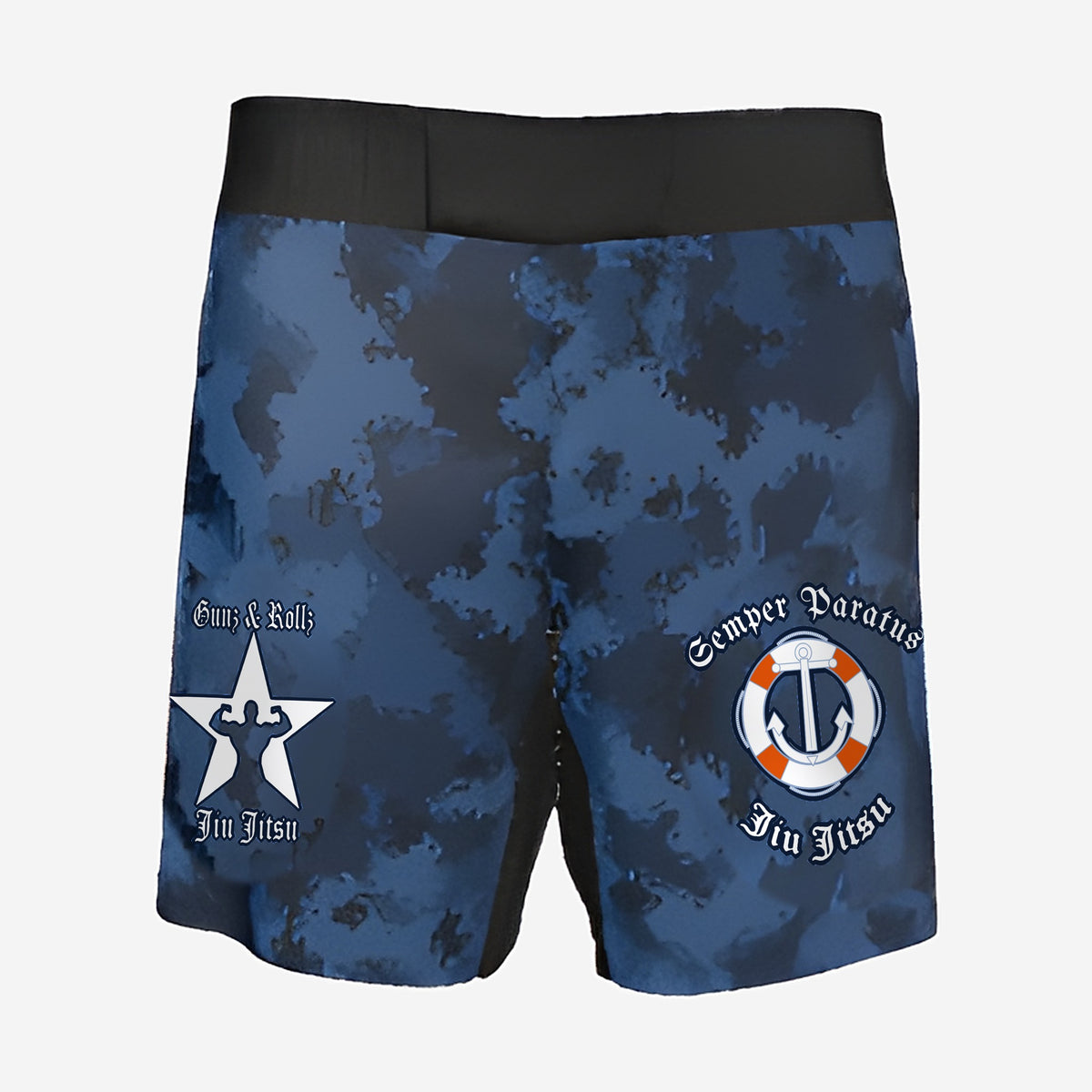 Coast Guard camo jiu jitsu shorts, front view