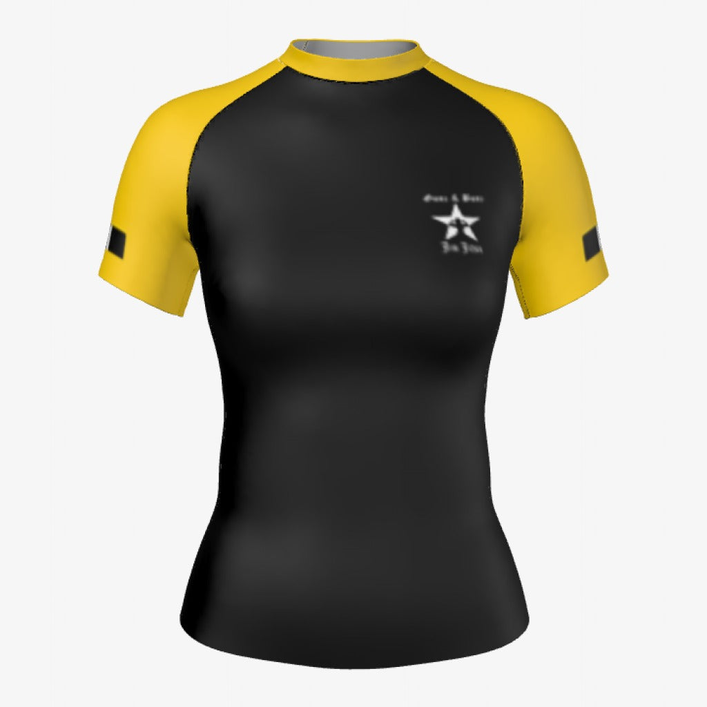 Yellow belt Gunz & Bunz women's ranked rash guard, short sleeve, black body with yellow sleeves, front view
