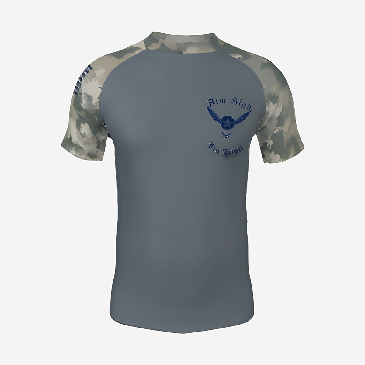 Air Force camo jiu jitsu rash guard, short sleeve, slate gray body with digital camo sleeves, front view