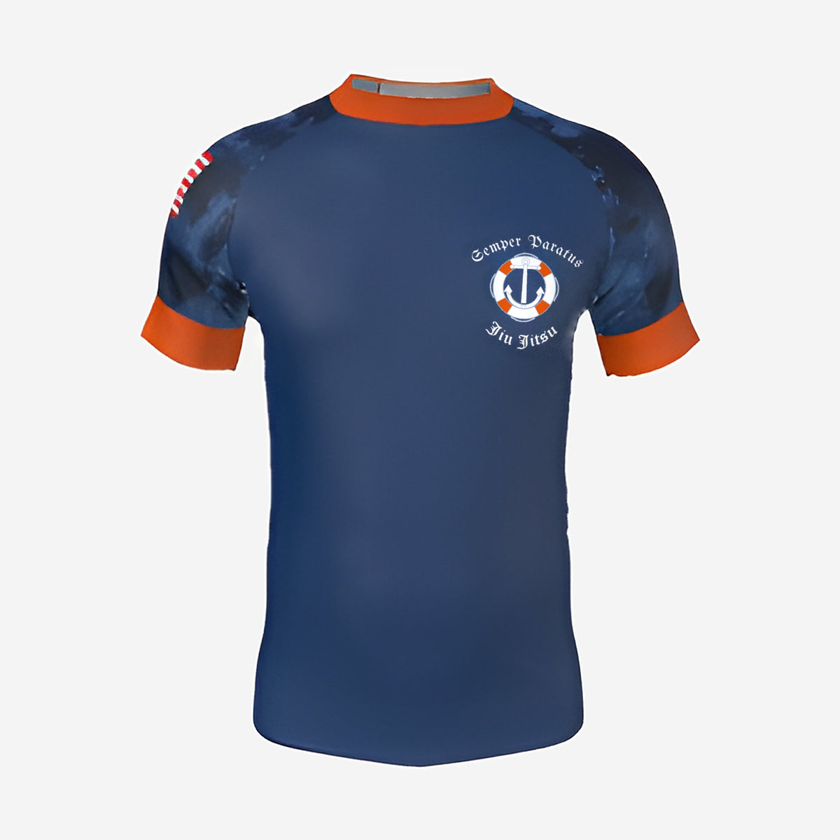 Coast Guard camo jiu jitsu rash guard, short sleeve, blue body with blue camo sleeves and orange collar and cuffs, front view