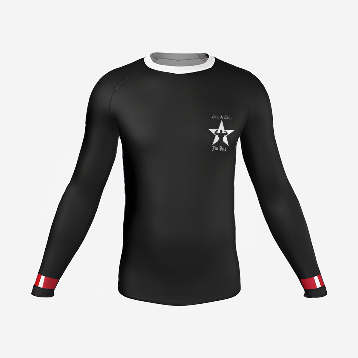 Black belt Gunz & Rollz men's ranked rash guard, long sleeve, black body with red rank bar on the cuffs, front view
