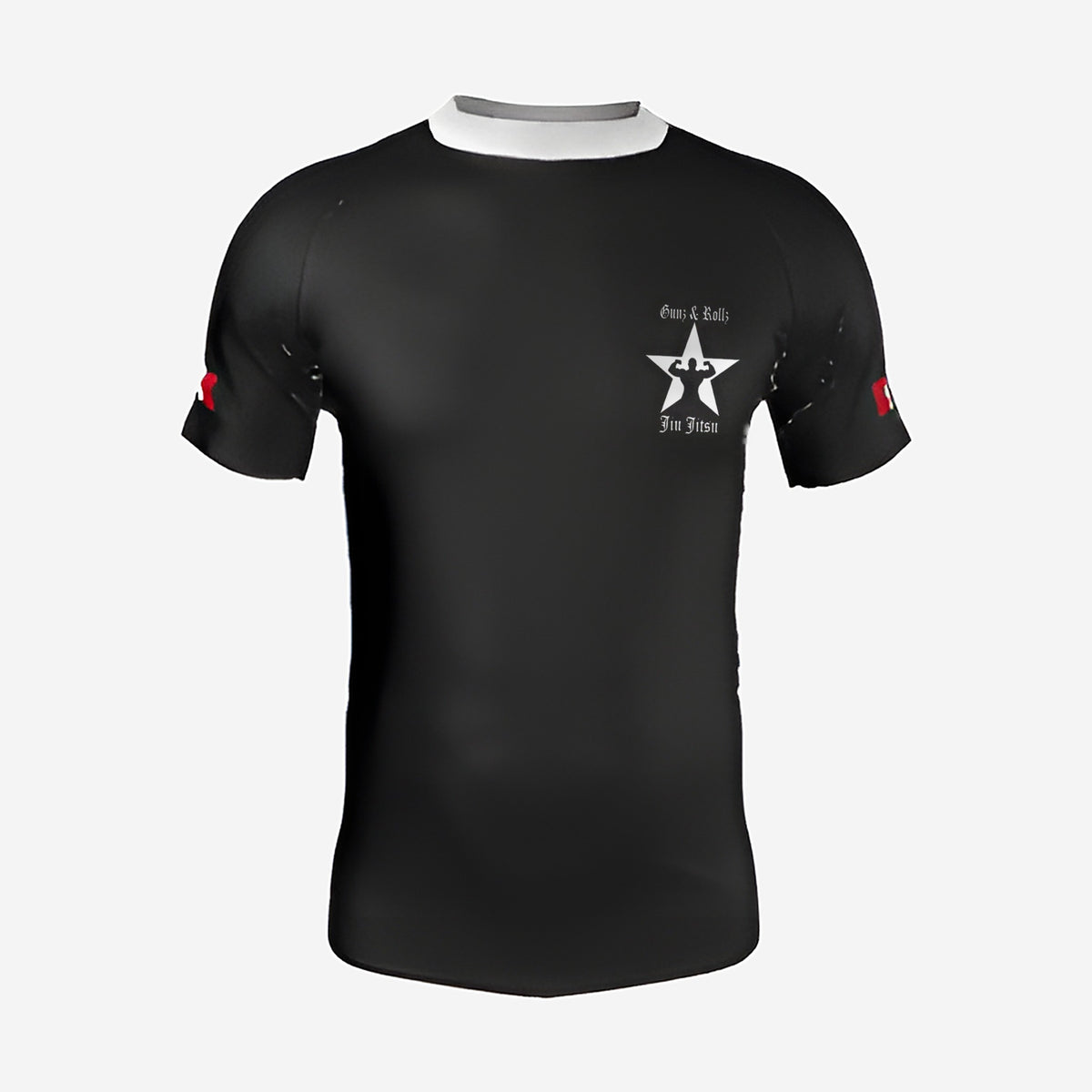 Black belt Gunz & Rollz men's ranked rash guard, short sleeve, black body with red rank bar on the cuffs, front view