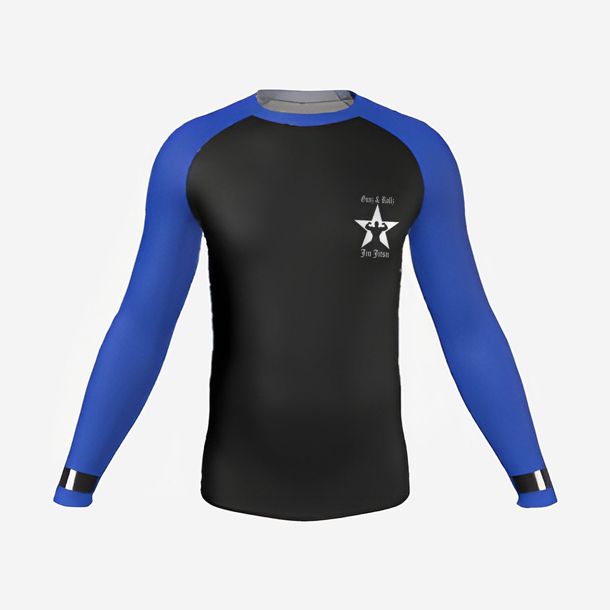 Blue belt Gunz & Rollz men's ranked rash guard, long sleeve, black body with blue sleeves, front view