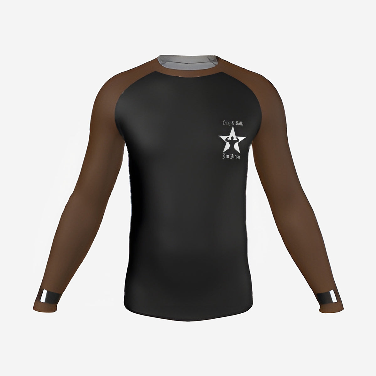 Brown belt Gunz & Rollz men's ranked rash guard, long sleeve, black body with brown sleeves, front view