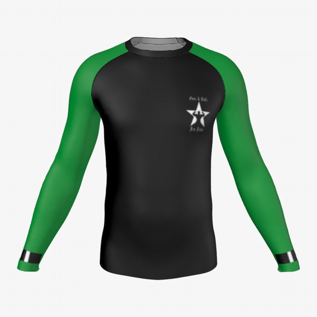 Green belt Gunz & Rollz men's ranked rash guard, long sleeve, black body with green sleeves, front view