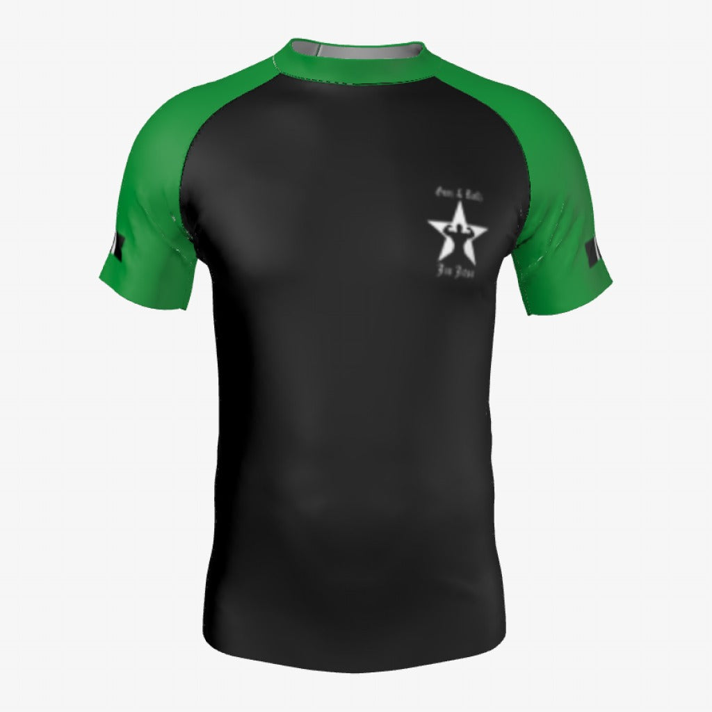 Green belt Gunz & Rollz men's ranked rash guard, short sleeve, black body with green sleeves, front view