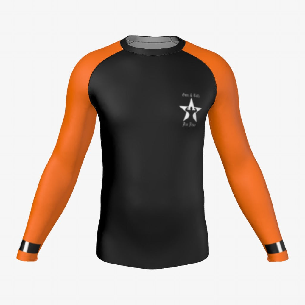 Orange belt Gunz & Rollz men's ranked rash guard, long sleeve, black body with orange sleeves, front view