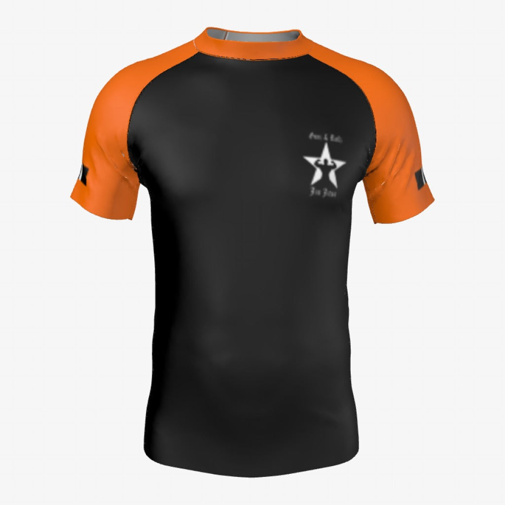 Orange belt Gunz & Rollz men's ranked rash guard, short sleeve, black body with orange sleeves, front view