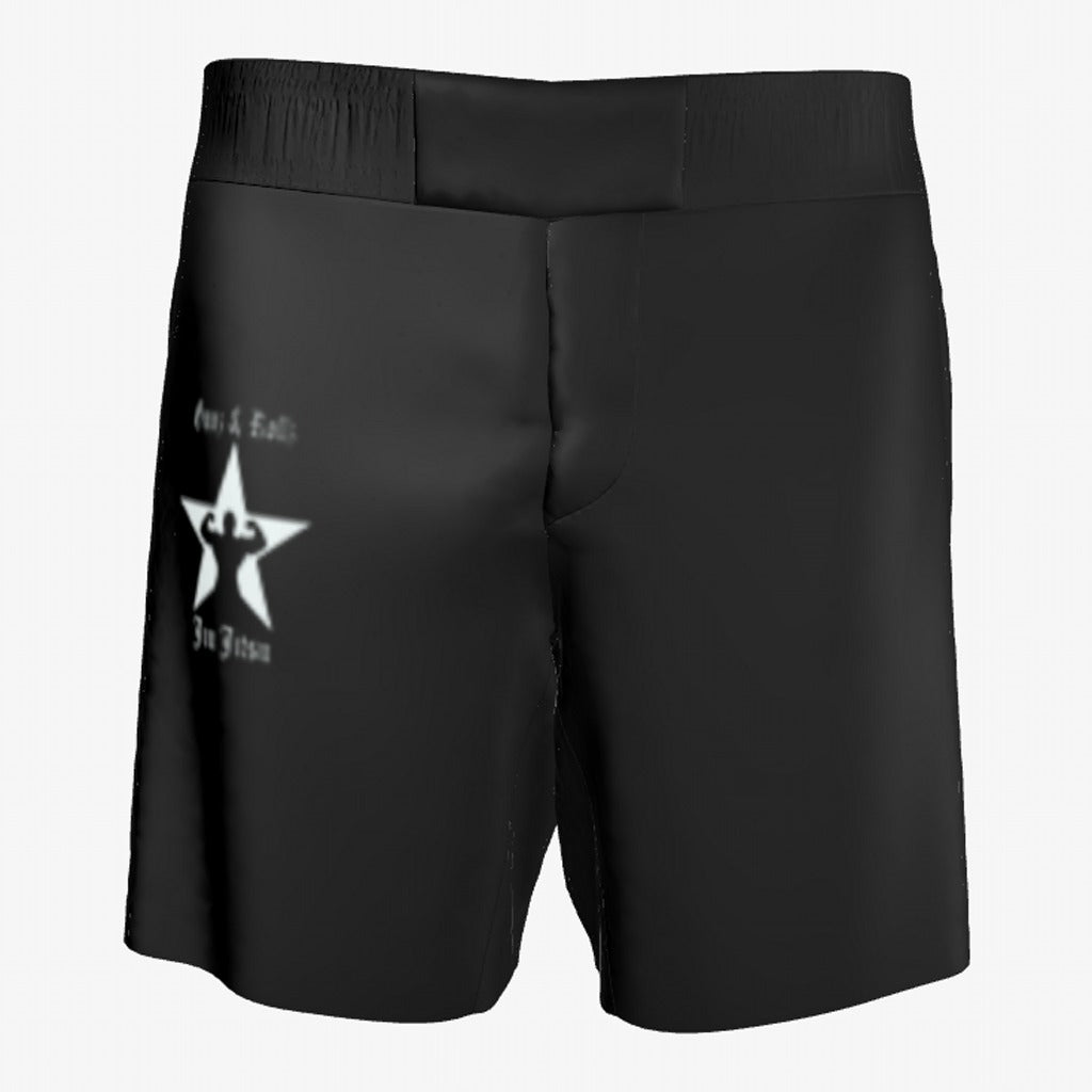 Gunz & Rollz men's ranked jiu jitsu shorts in all black with a small white star logo, front view