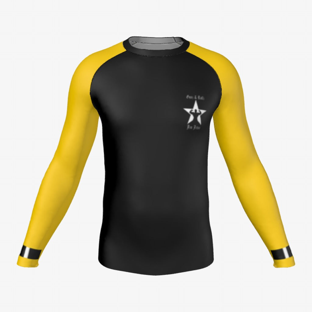 Yellow belt Gunz & Rollz men's ranked rash guard, long sleeve, black body with yellow sleeves, front view