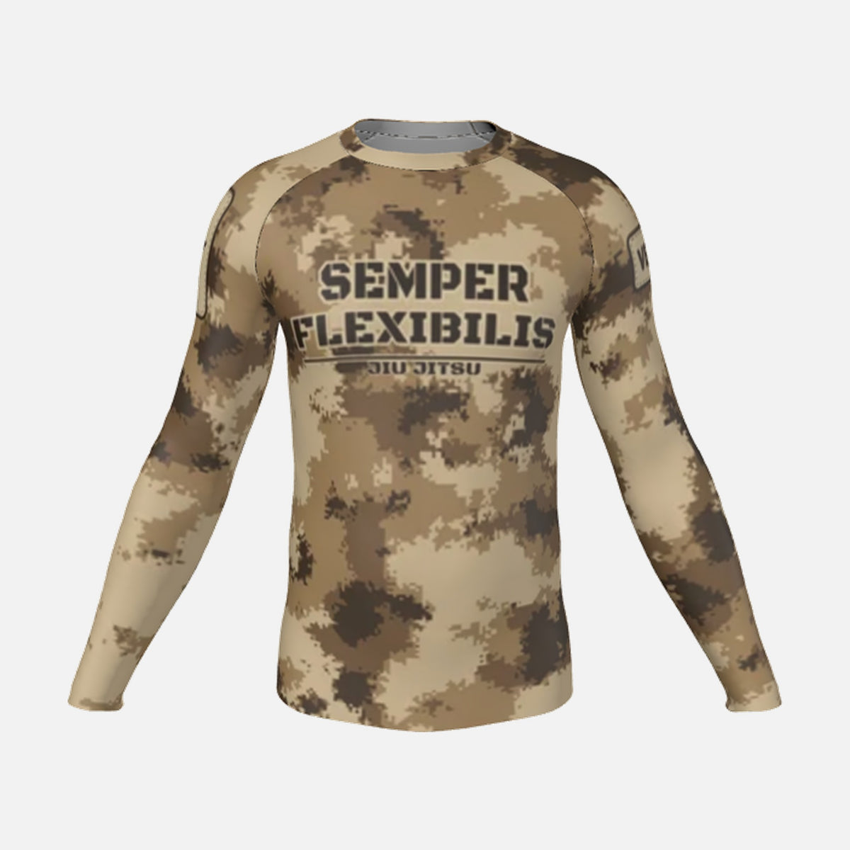 Men's Semper Flexibilis Desert digital camo rash guard, long sleeve, front