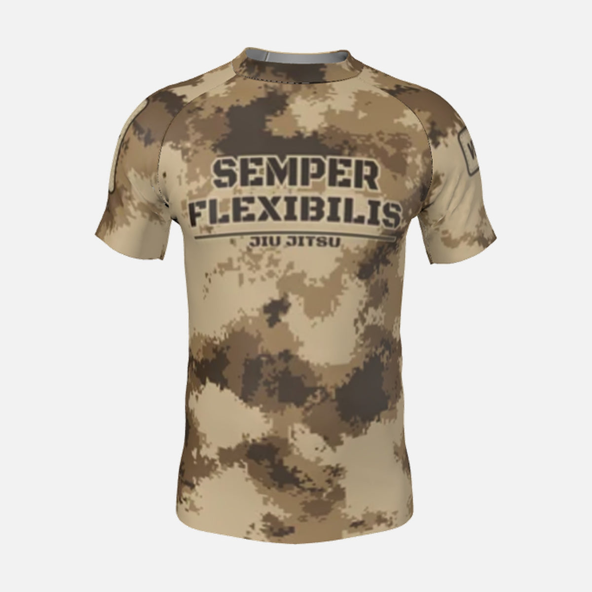 Men's Semper Flexibilis Desert digital camo rash guard, short sleeve, front