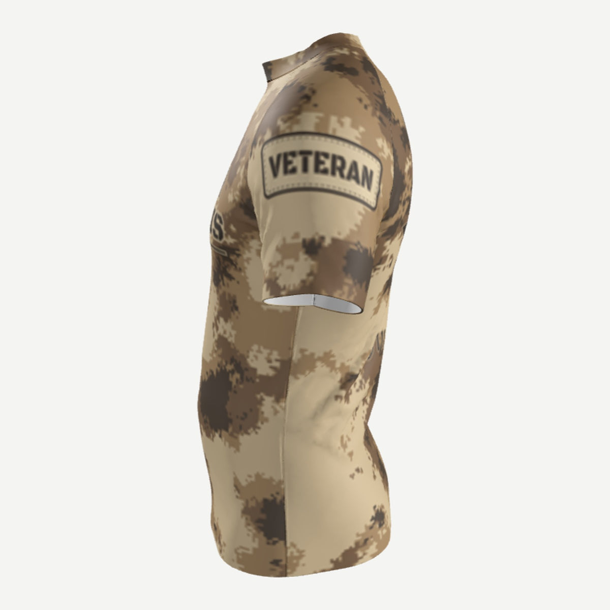 Semper Flexibilis desert digital camo jiu jitsu rash guard by Gunz & Rollz, men's short sleeve, 3D side view showing the VETERAN sleeve patch