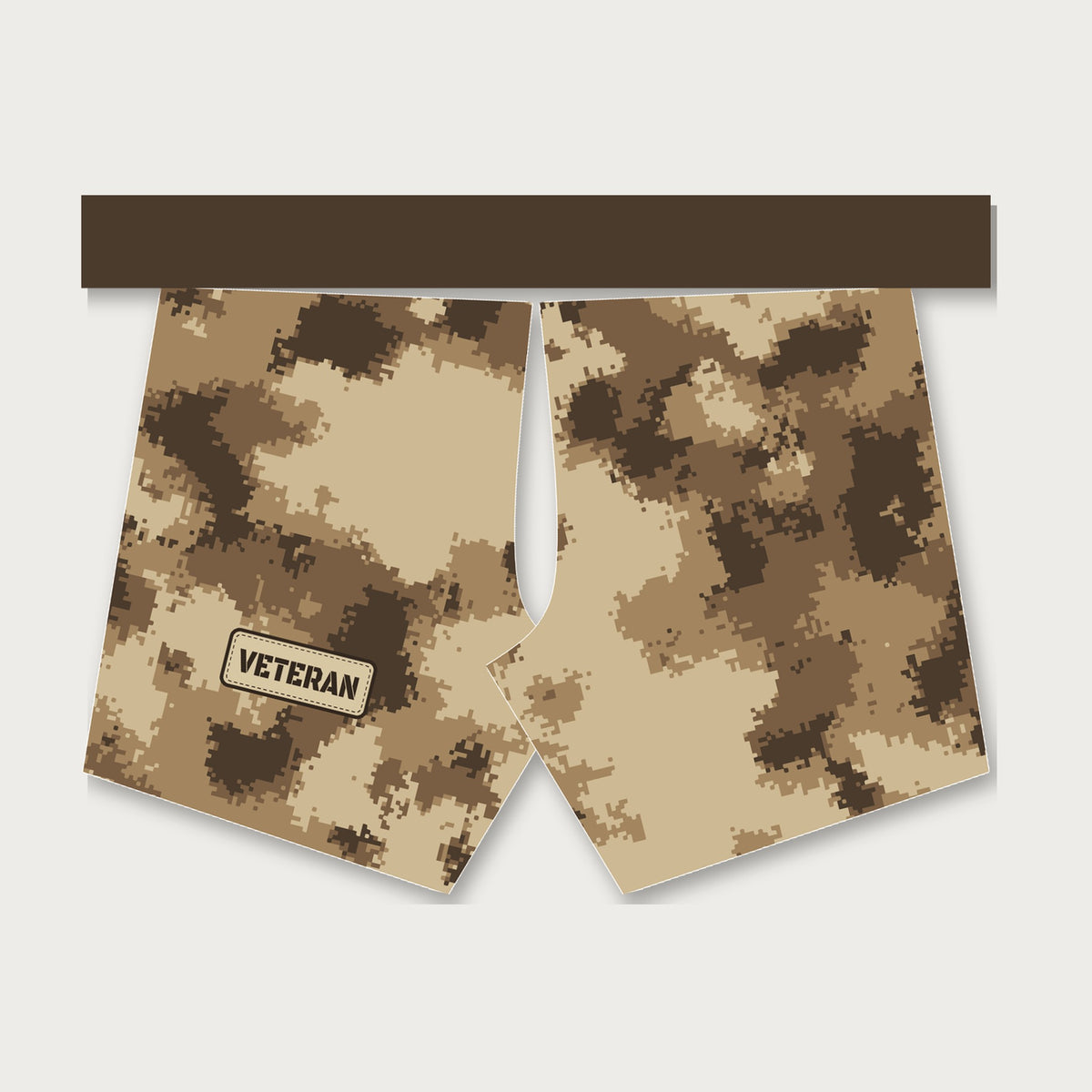 Semper Flexibilis desert digital camo men's grappling shorts by Gunz & Rollz, sand, coyote and brown desert digital camo with dark brown waistband and Veteran patch, back view