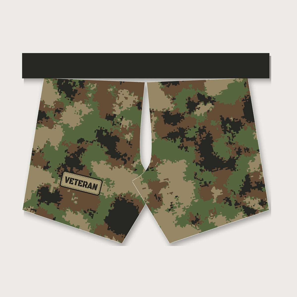 Semper Flexibilis woodland digital camo men's grappling shorts by Gunz & Rollz, green, brown, coyote and black woodland digital camo with black waistband and Veteran patch, back view