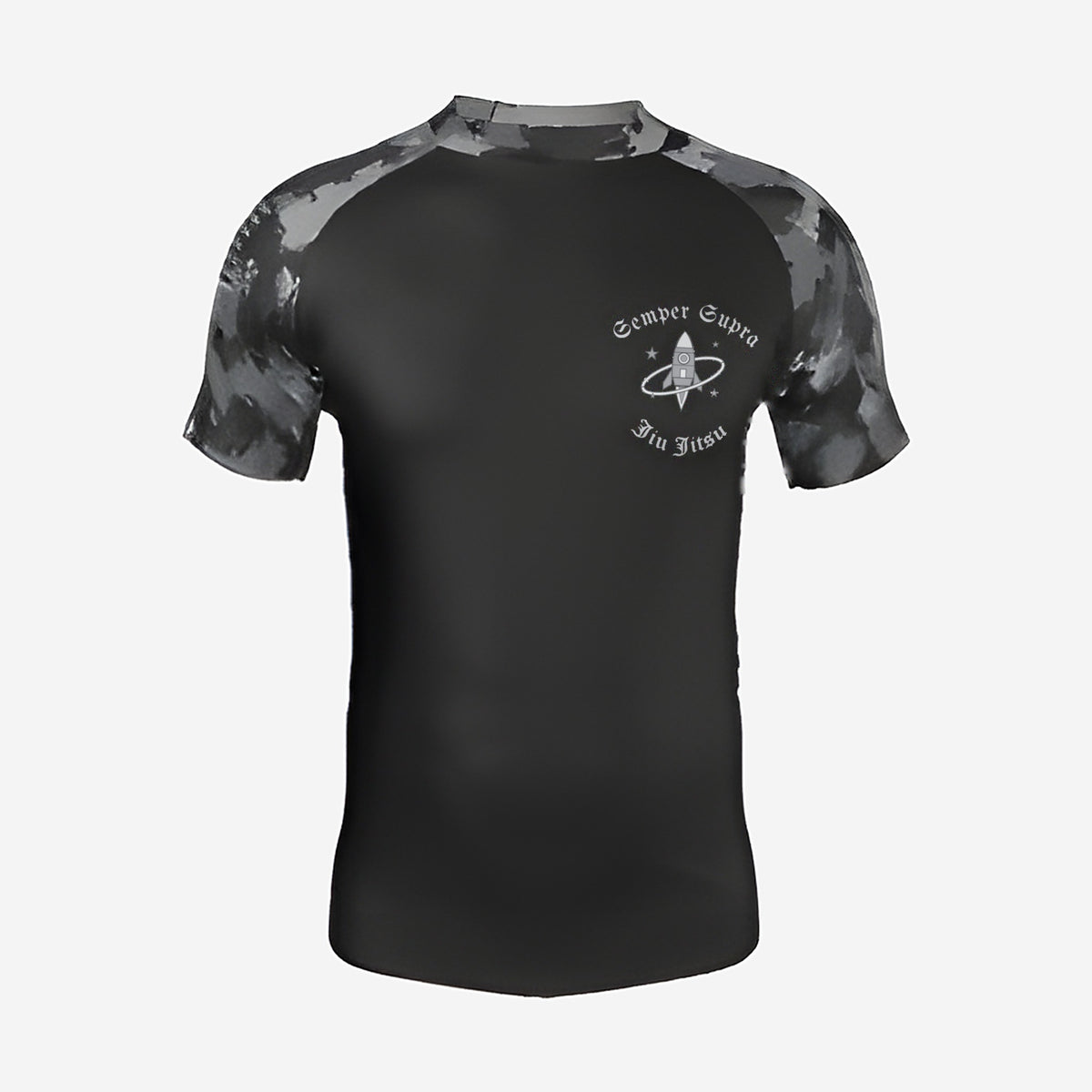 Space Force camo jiu jitsu rash guard, short sleeve, black body with gray camo sleeves, front view