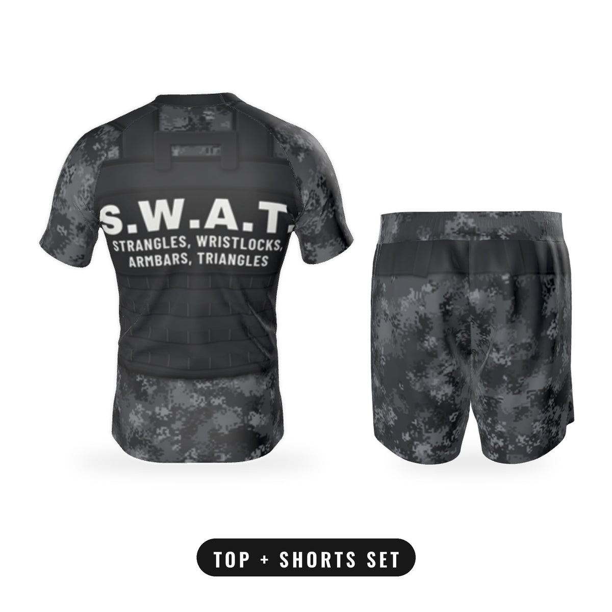 Men's S.W.A.T. Plate Carrier Black Camo jiu jitsu matching set, back of the rash guard and shorts together