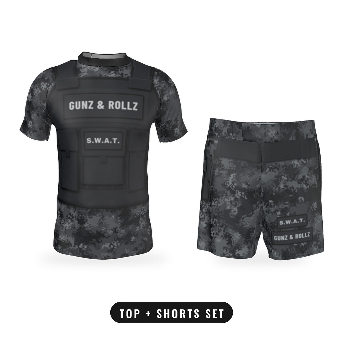 Men's S.W.A.T. Plate Carrier Black Camo jiu jitsu matching set, short sleeve rash guard and shorts together