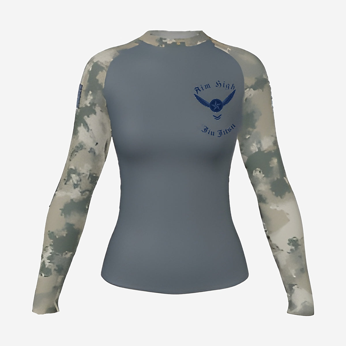 Women's Air Force camo BJJ rash guard by Gunz & Rollz, long sleeve, slate gray body with digital camo sleeves, front view
