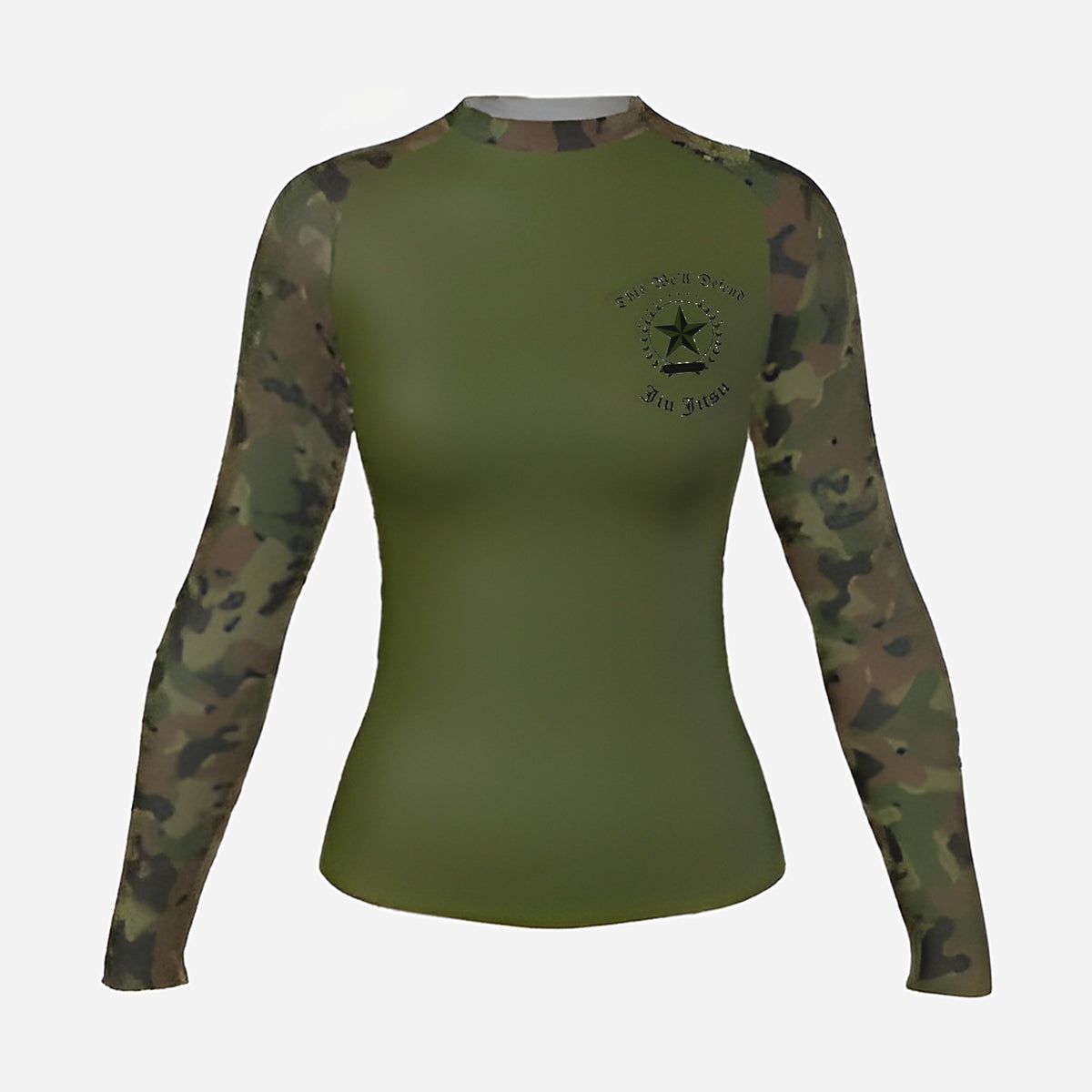 Women's Army camo BJJ rash guard by Gunz & Rollz, long sleeve, olive green body with woodland camo sleeves, front view