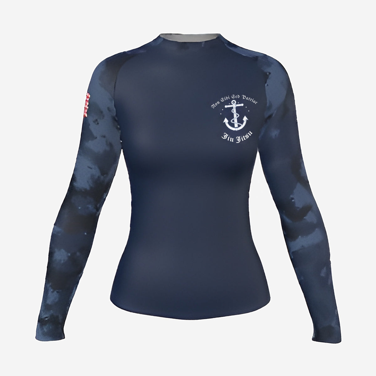 Women's Navy camo BJJ rash guard by Gunz & Rollz, long sleeve, navy blue body with blue digital camo sleeves, front view