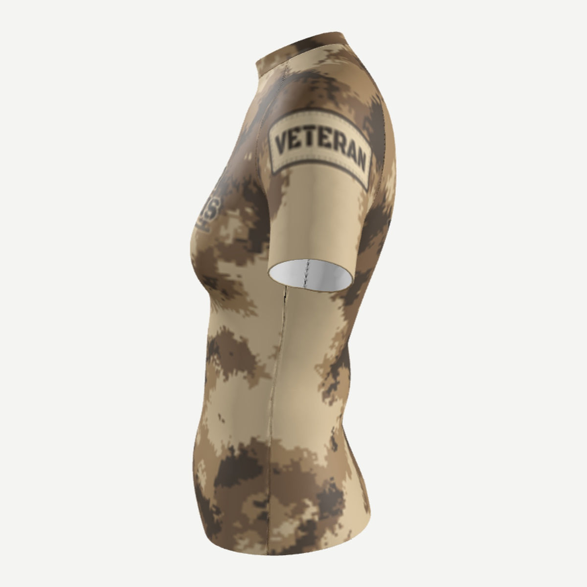 Semper Flexibilis desert digital camo jiu jitsu rash guard by Gunz & Rollz, women's short sleeve, 3D side view showing the VETERAN sleeve patch