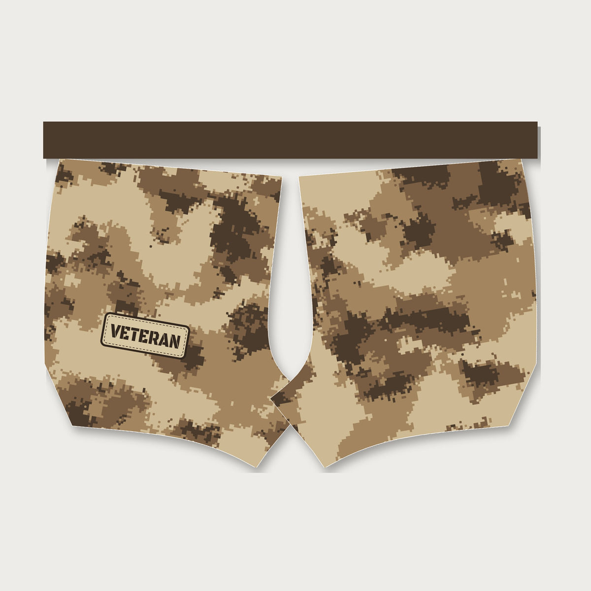 Semper Flexibilis desert digital camo women's 2-in-1 grappling shorts with compression liner by Gunz & Rollz, sand, coyote and brown desert digital camo with dark brown waistband and Veteran patch, back view