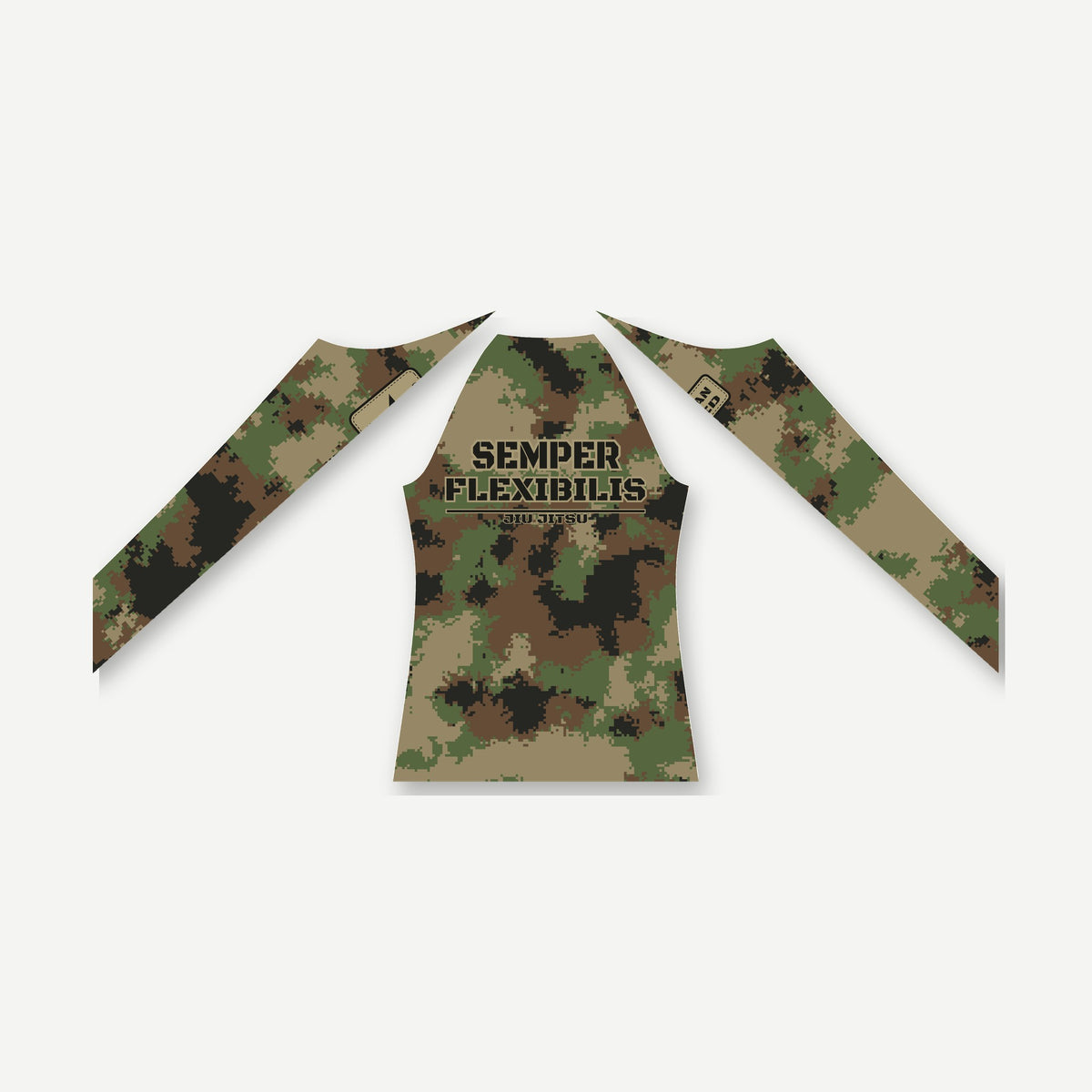 Semper Flexibilis woodland digital camo jiu jitsu rash guard by Gunz & Rollz, women's long sleeve, green, brown, coyote and black woodland digital camo with the large SEMPER FLEXIBILIS JIU JITSU wordmark across the upper back, back view