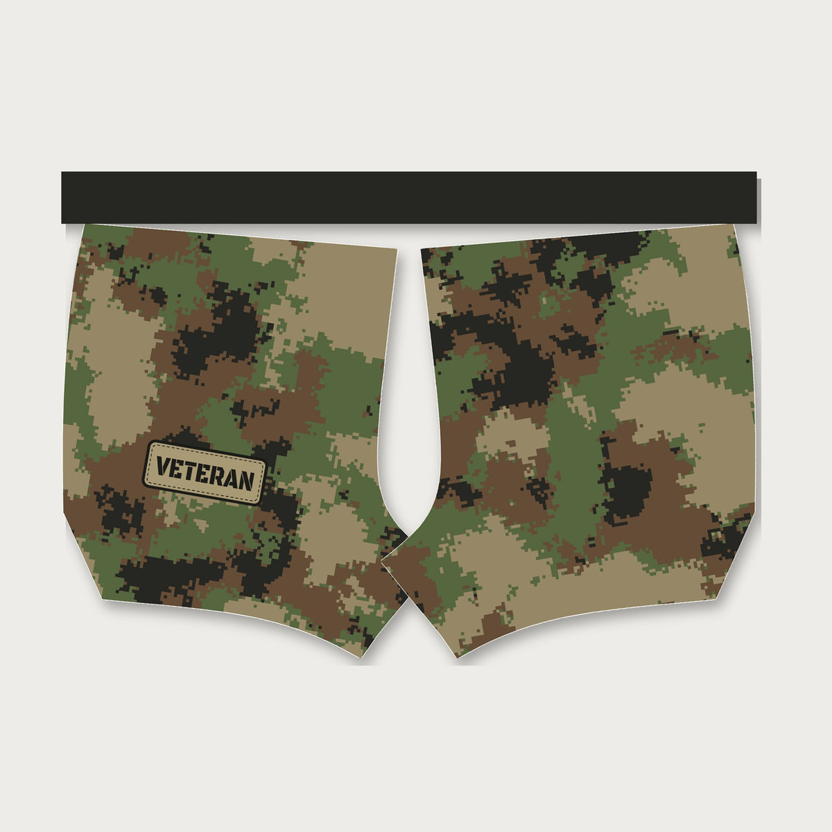 Semper Flexibilis woodland digital camo women's 2-in-1 grappling shorts with compression liner by Gunz & Rollz, green, brown, coyote and black woodland digital camo with black waistband and Veteran patch, back view
