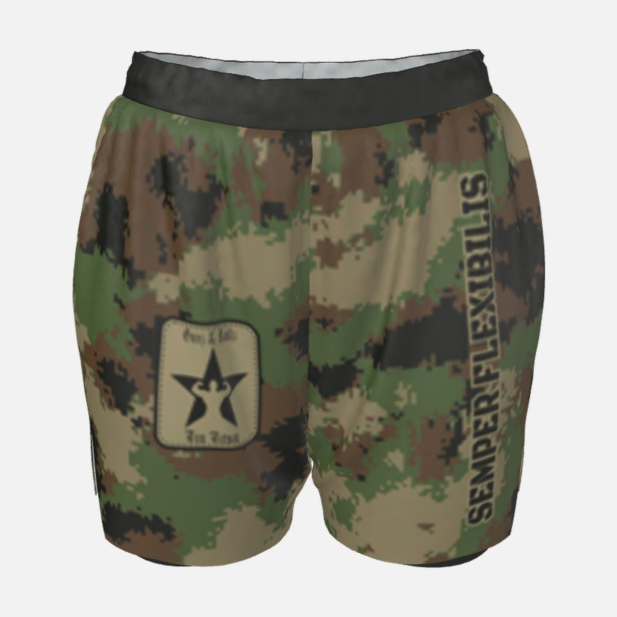 Women's Semper Flexibilis Woodland digital camo grappling shorts, front