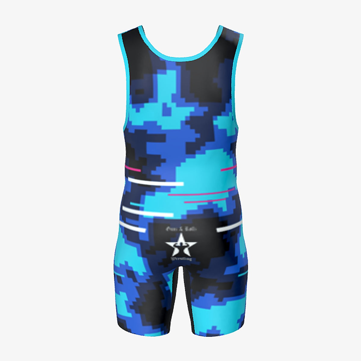 Kids Glitch Camo wrestling singlet by Gunz & Rollz, blue and black pixel camo, back view