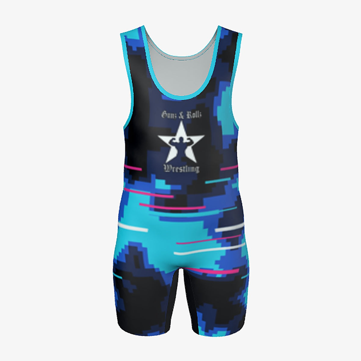 Kids Glitch Camo wrestling singlet by Gunz & Rollz, blue and black pixel camo, front view