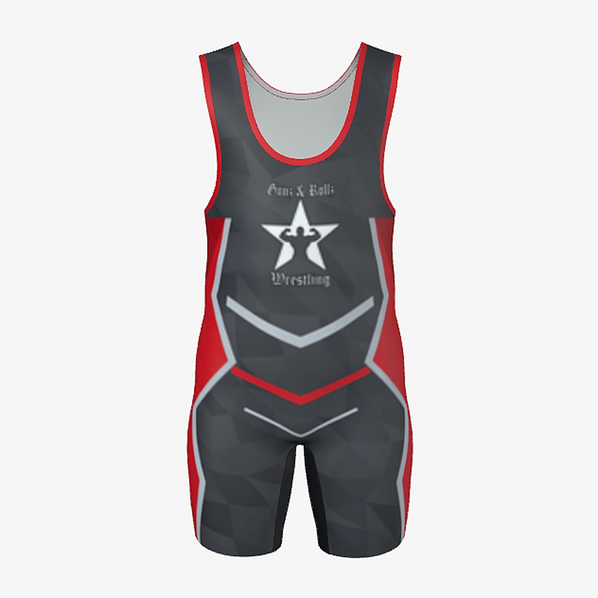 Kids Iron Clad wrestling singlet by Gunz & Rollz, charcoal and red, front view