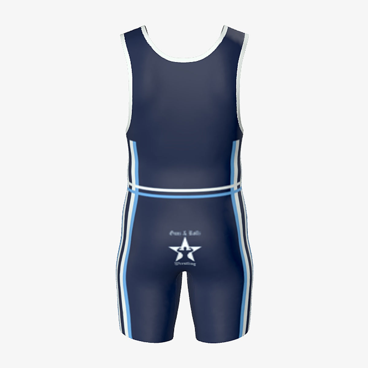Kids Old School wrestling singlet by Gunz & Rollz, navy with light blue and white stripes, back view