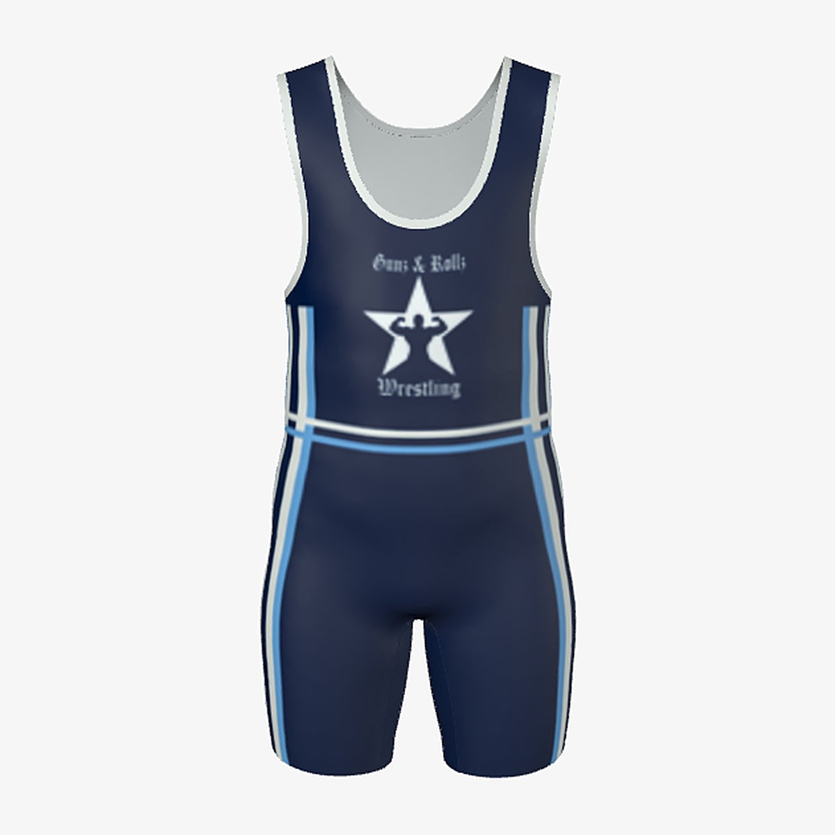 Kids Old School wrestling singlet by Gunz & Rollz, navy with light blue and white stripes, front view