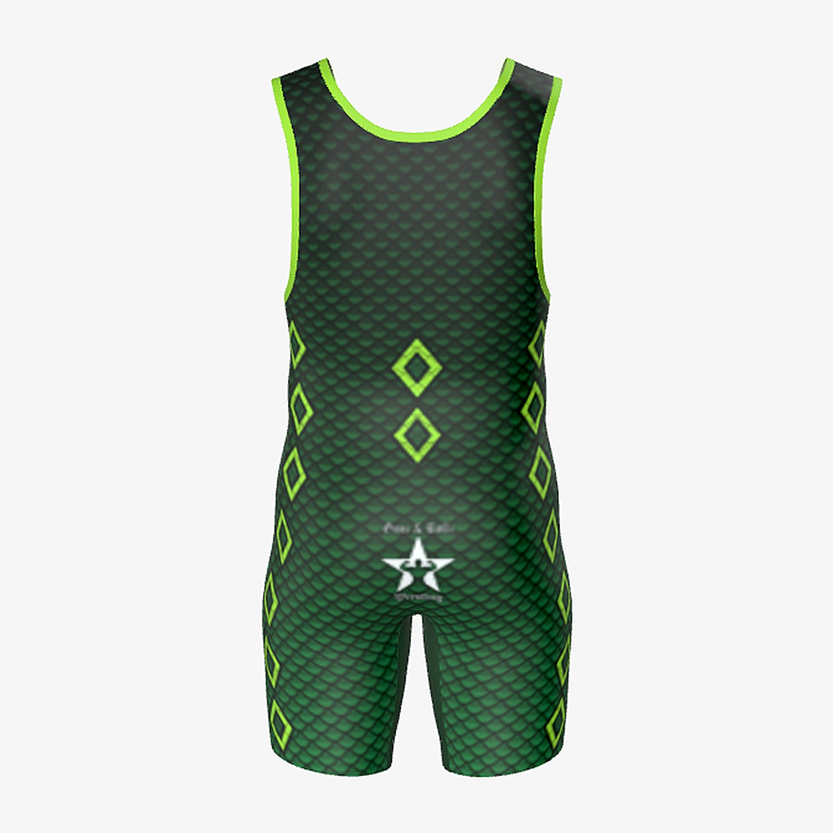 Kids Venom wrestling singlet by Gunz & Rollz, green snake scale, back view