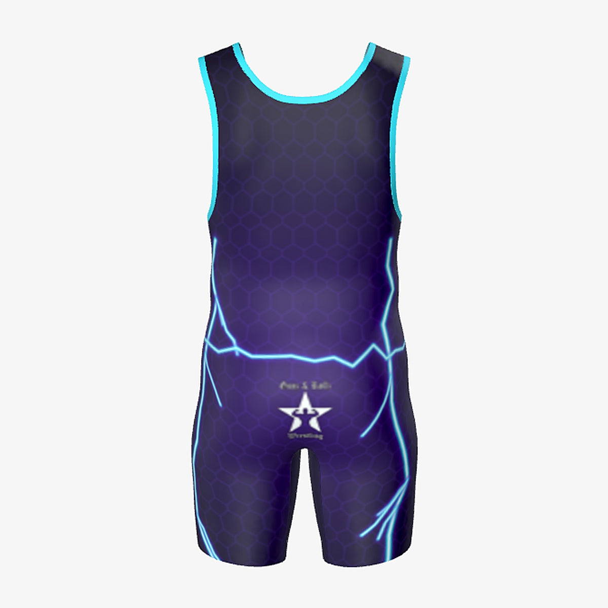 Kids Voltage wrestling singlet by Gunz & Rollz, purple with blue lightning, back view