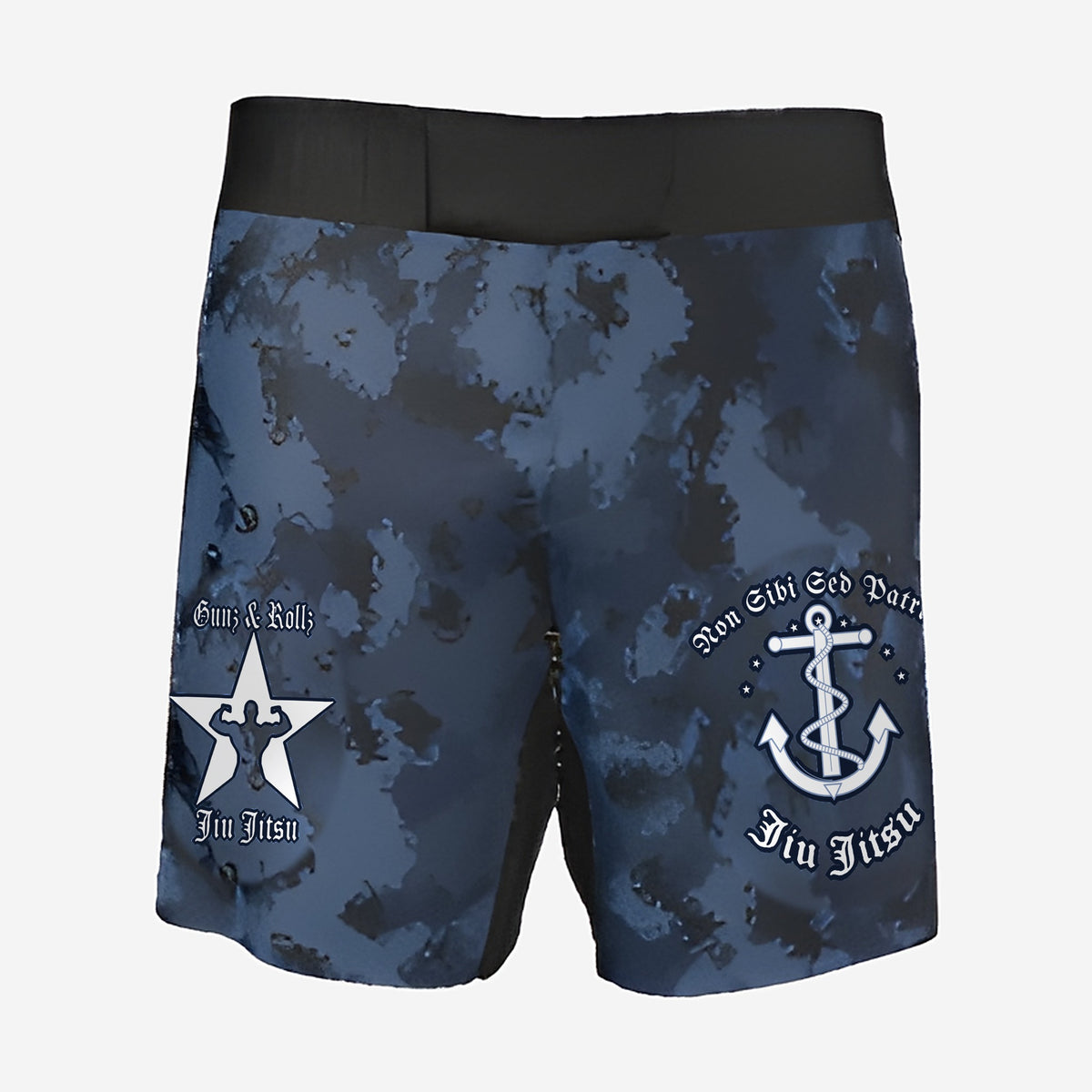 Navy camo jiu jitsu shorts, front view