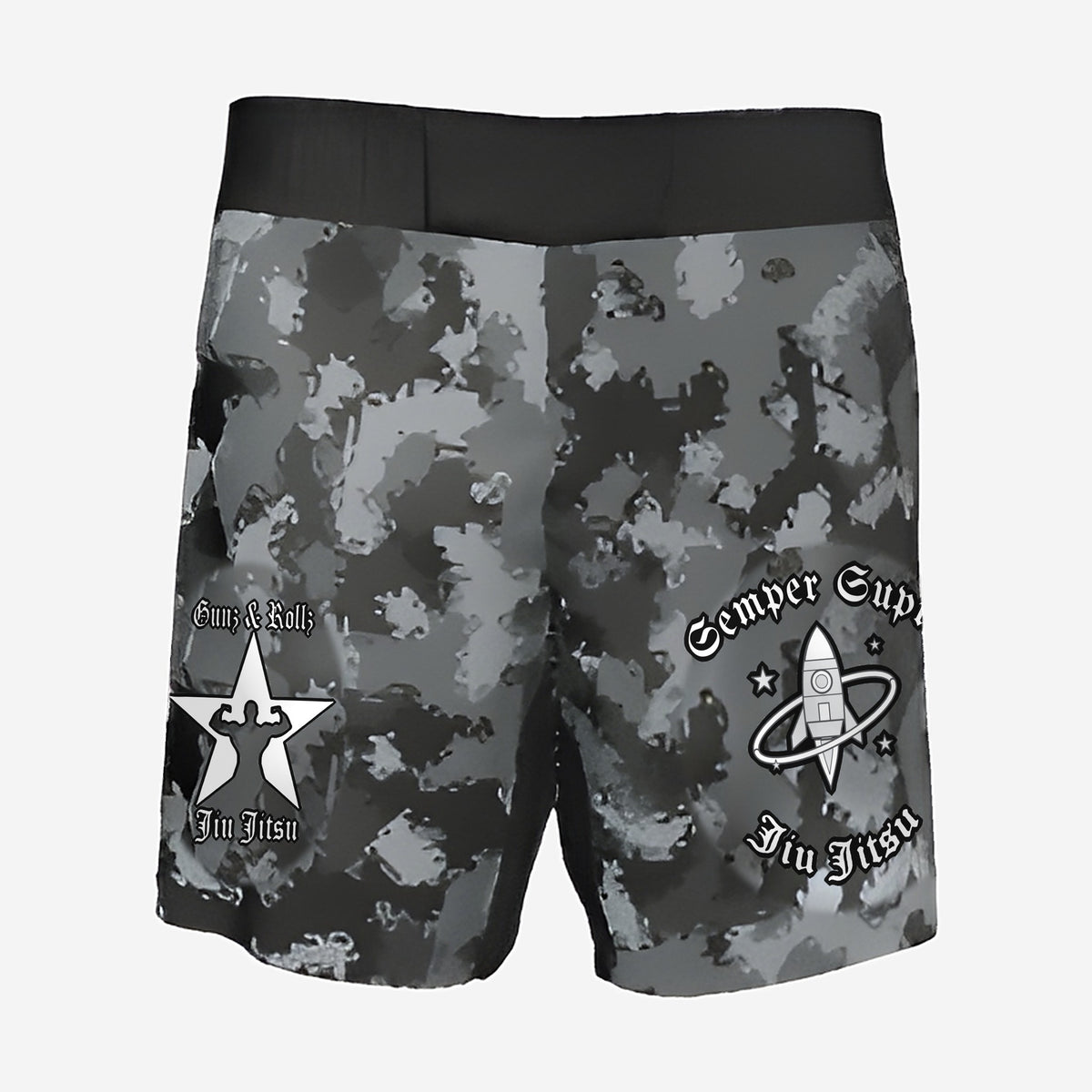 Space Force camo jiu jitsu shorts, front view