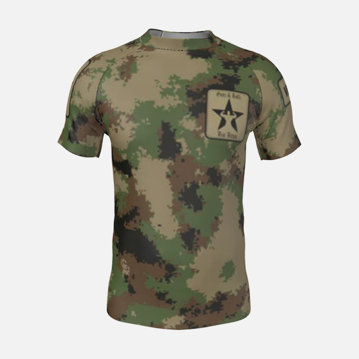 Men's Semper Flexibilis Woodland digital camo rash guard, short sleeve, front