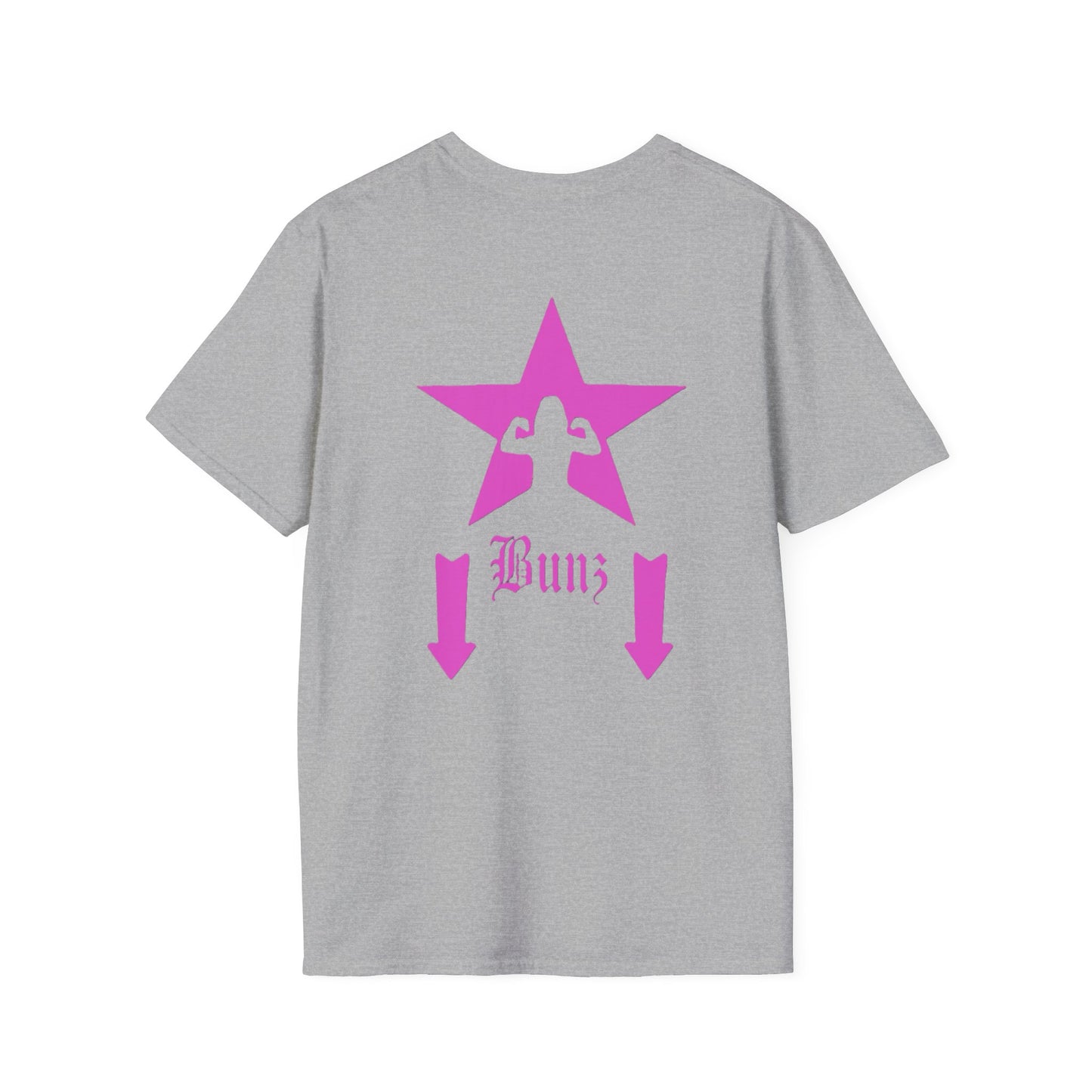 Gunz up front, Bunz in the rear Unisex Softstyle T-Shirt - Pink Graphic Tee for Fitness Enthusiasts
